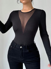 Mesh Detail Round Neck Long Sleeve Top Black OutfitFlow