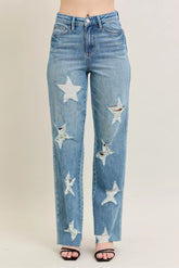Judy Blue Full Size High Waist Rigid Magic Star Shaped Destroy 90's Straight Jeans Plus Size MD OutfitFlow
