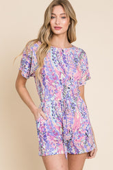 BOMBOM Print Short Sleeve Romper with Pockets Plum OutfitFlow