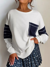 Exposed Seam Detail Color Block Patch Pocket Drop Shoulder Sweatshirt White OutfitFlow