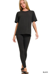 Zenana Full Size Brushed Dty Microfiber Short Sleeve Top and Pants Loungewear Set Plus Size BLACK OutfitFlow