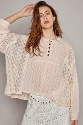 POL Round Neck Long Sleeve Raw Edge Lace Top Blush OutfitFlow