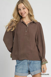 Umgee Half Button Blouse with Leopard Print Trim CHOCOLATE OutfitFlow