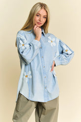 Davi & Dani Lightweight Washed Daisy Patch Waffle Knit Shirt LIGHT DENIM OutfitFlow
