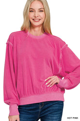 Zenana Soft Fleece Pigment Dye Round Neck Pullover HOT PINK OutfitFlow