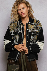 POL Printed Woven Mix Raw Hem Jacket with Lace Detail Black OutfitFlow