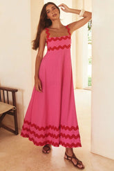 Contrast Trim Square Neck Wide Strap Dress Hot Pink OutfitFlow