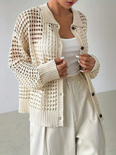 Hollow Out Knit Button Front Cardigan Cream OutfitFlow