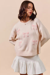 SO ME Embroidered Ribbon Round Neck Sweater BLUSH OutfitFlow
