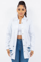 American Bazi Distressed Button Up Long Sleeve Denim Jacket White OutfitFlow
