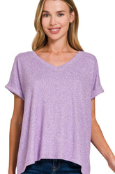 Zenana Soft Melange Hacci V-neck Tee LAVENDER OutfitFlow