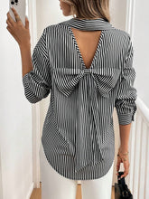 Cutout Bow Back Striped Collared Neck Long Sleeve Shirt Black OutfitFlow