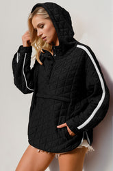 Double Take Contrast Trim Long Sleeve Half Snap Texture Hoodie with Pocket Black OutfitFlow