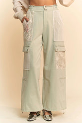 Davi & Dani Lace Patchwork Bottom Opening Adjustable Pants SAGE OutfitFlow