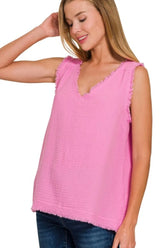 Zenana Double Gauze Raw Edge V-Neck Tank CANDY PINK OutfitFlow