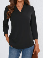 Notched Three-Quarter Sleeve Top Black OutfitFlow