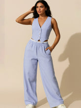 Striped Vest Top and Wide Leg Pants Two-Piece Set Blue OutfitFlow