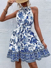 Floral Halter Neck Summer Dress with Belt Blue Flower OutfitFlow