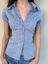Striped Button-Down Collared Neck Shirt Blue OutfitFlow