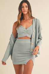 MABLE 3 Pieces Sweater Set with Crop Cami, Mini Skirt, Cardigan Blue OutfitFlow