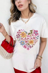 MAMA Flower Heart Cotton Blend Graphic Tee White OutfitFlow