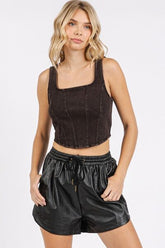 Mittoshop Mineral Wash Corset Crop Stretch Knit Tank Black OutfitFlow