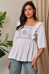 Davi & Dani Texture Tie Back Floral Embroidery Frill Blouse WHITE OutfitFlow