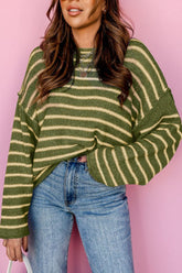 Striped Round Neck Dropped Shoulder Sweater Moss OutfitFlow