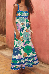 Printed Square Neck Wide Strap Dress Green OutfitFlow