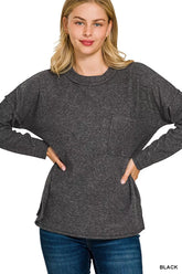 Zenana Ribbed Brushed Melange Hacci Sweater with Chest Pocket BLACK OutfitFlow