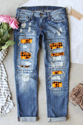 Distressed Pumpkin Pattern Jeans with Pockets Medium OutfitFlow