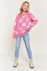 ADORA Full Size Floral Popped 2-Tone Sweater Top Plus Size FUCHSIA OutfitFlow