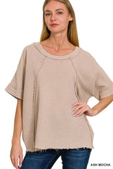 Zenana Washed Double Gauze Exposed Seam Short Sleeve Top ASH MOCHA OutfitFlow