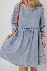 Cutout Round Neck Balloon Sleeve Denim Dress Medium OutfitFlow