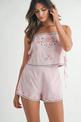 MABLE Embroidered Crop Top and Shorts Set Blush Pink OutfitFlow
