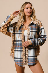 BiBi Curved Hem Sequin Plaid Button Up Jacket Latte Multi OutfitFlow