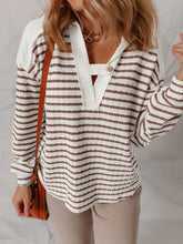 Striped V-Neck Long Sleeve Knit Hoodie Khaki Stripe OutfitFlow