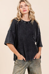 Mittoshop Mineral Wash Waffle Knit Short Sleeve Top Ash Black OutfitFlow