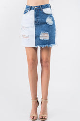 American Bazi Contrast Patched Frayed Denim Distressed Skirts Blue White OutfitFlow