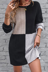 Color Block Drop Shoulder Long Sleeve Mini Dress Black OutfitFlow