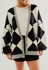 Color Block Button Down Long Sleeve Cardigan Black OutfitFlow