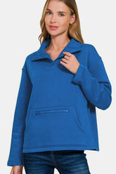 Zenana Turtleneck Half Snap Fleece Sweatshirt Royal Blue OutfitFlow