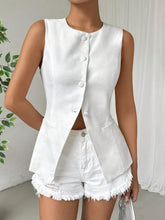 Button Down Round Neck Vest White OutfitFlow