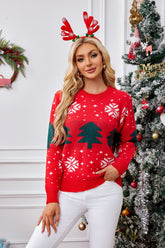 Christmas Tree Round Neck Long Sleeve Sweater Orange-Red OutfitFlow