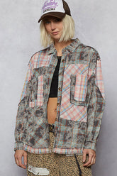 POL Plaid Patchwork Long Sleeve Shirt with Raw Edge Detail Air Force Blue OutfitFlow