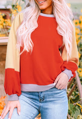 Color Block Round Neck Long Sleeve Sweatshirt Orange OutfitFlow