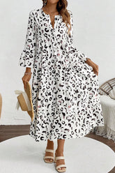 Leopard Notched Long Sleeve Dress White OutfitFlow