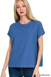 Zenana Cotton Slub Round Neck Short Sleeve T-Shirt CLASSIC BLUE OutfitFlow