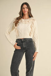 MABLE Ruffled Lace Crochet Sweater Cream OutfitFlow