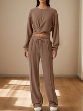 Crisscross Round Neck Top and Drawstring Pants Set Brown OutfitFlow